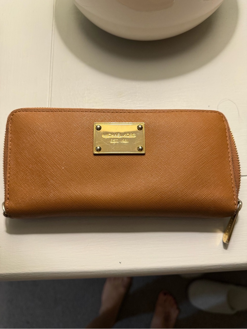 Michael Kors Cognac Leather Zip Wallet with Gold Plaque